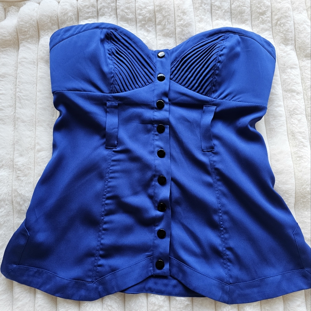 Bebe Strapless Royal Blue Corset Fitted Button-Front Top - Picture 4 of 10
